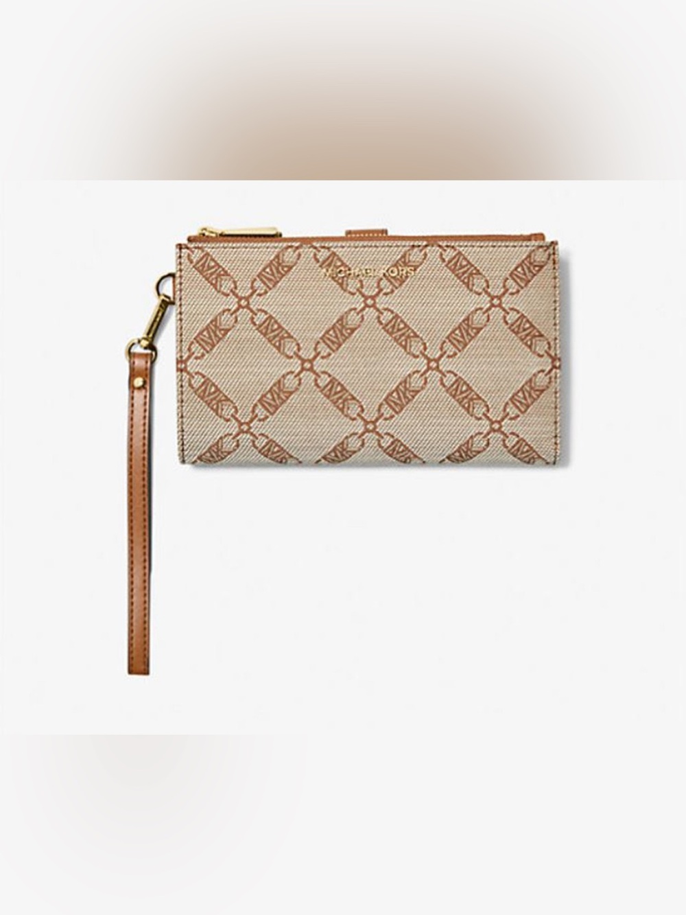 Michael Kors Beige & Brown Signature double zippered Wristlet Clutch